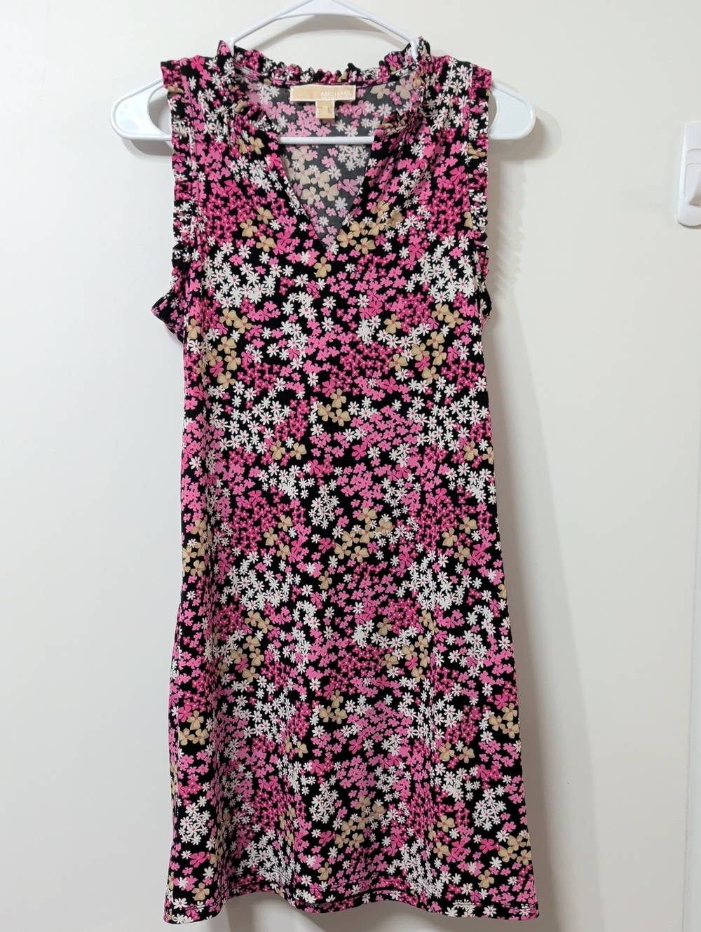 Michael Kors Pink Ditsy Floral Sleeveless Ruffle Neck Mini Dress